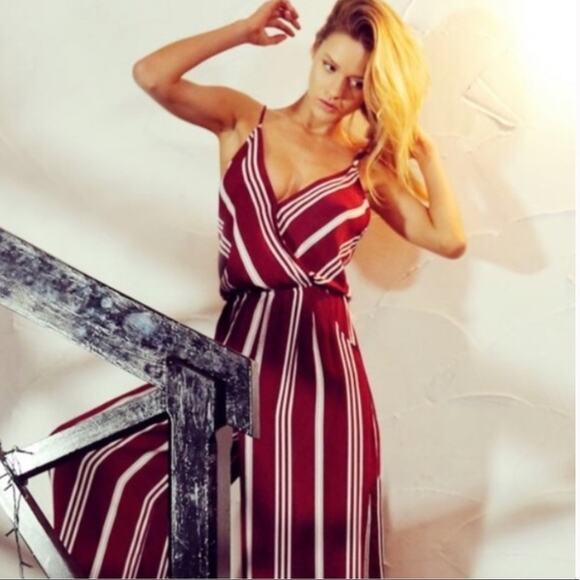 Flynn Skye Burgundy Stripe Wrap Spaghetti Boho Wide Leg Jumpsuit XS - Picture 7 of 12